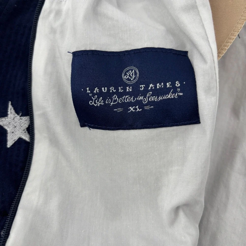 Lauren‎ James Navy Blue Seersucker Star Embroidered Scalloped Mini Dress Halter